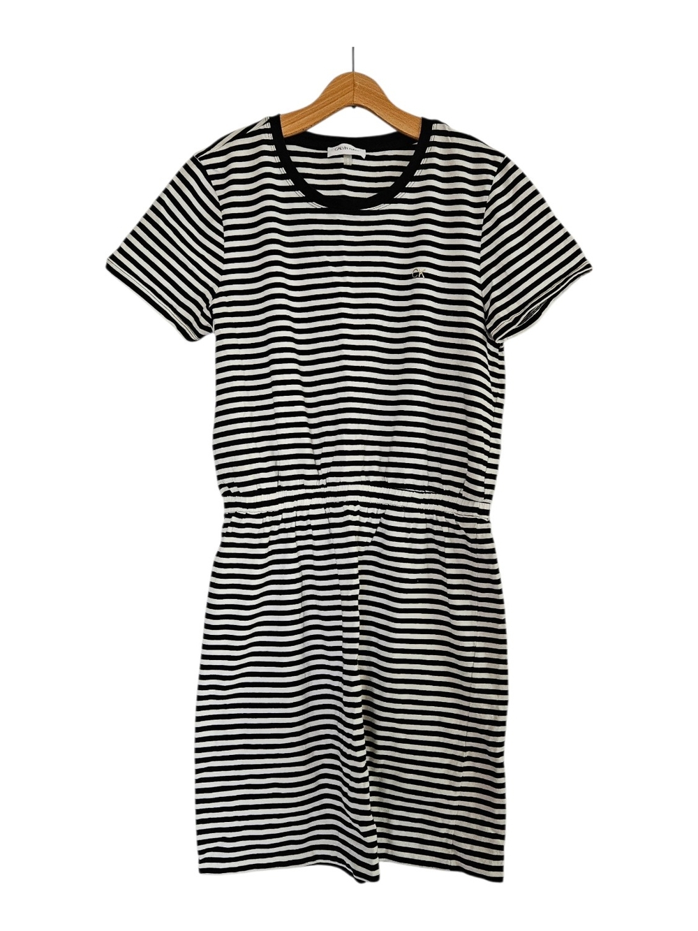 Calvin Klein Striped Short Sleeve Dress Womens Medium Black White Knee Length
